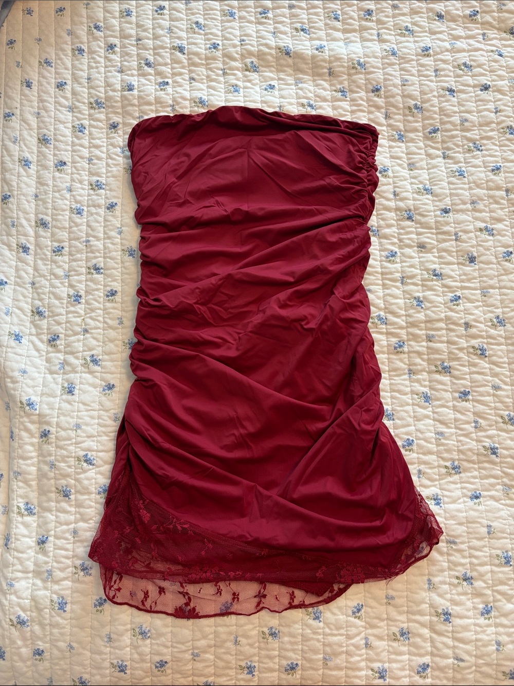 Motel Rocks Strapless Ruched Lace-Hem Dress - Burgundy